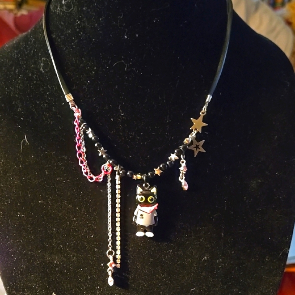 Cute Cat Pendant Necklace with Star Charms
